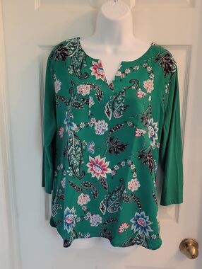 Van Heusen Emerald Green Floral Split-Neck Top